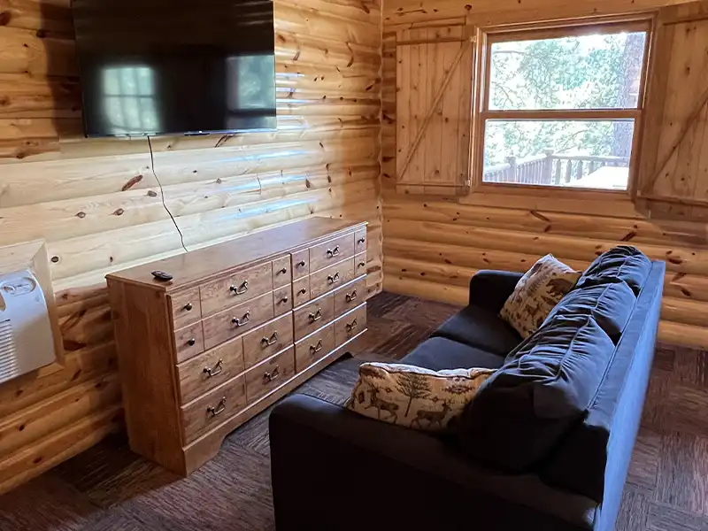 Log cabin room with a dark couch, wooden dresser, wall-mounted TV, and window with a forest view.