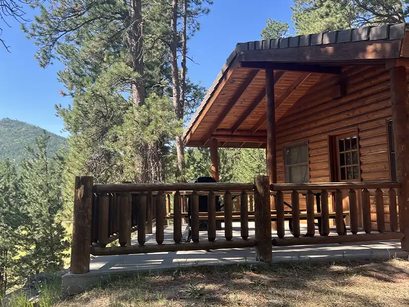 Log cabin with a wooden deck nestled in a forested area under a clear blue sky.