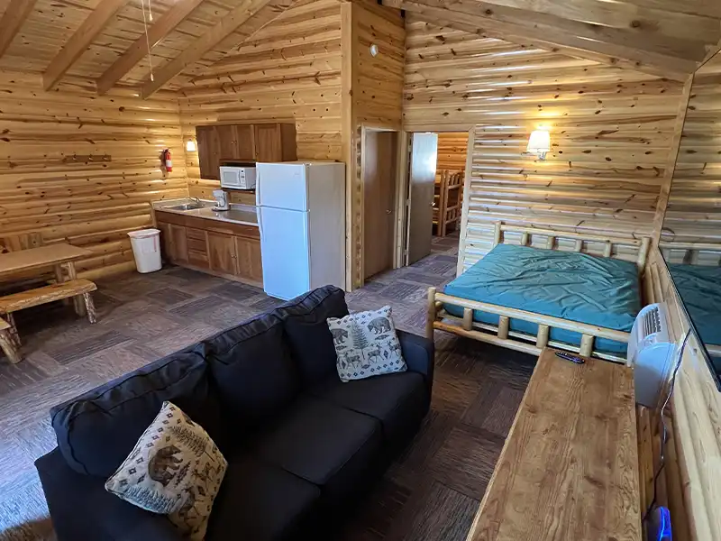 Cozy wooden cabin interior with kitchenette, sofa, and bed visible.