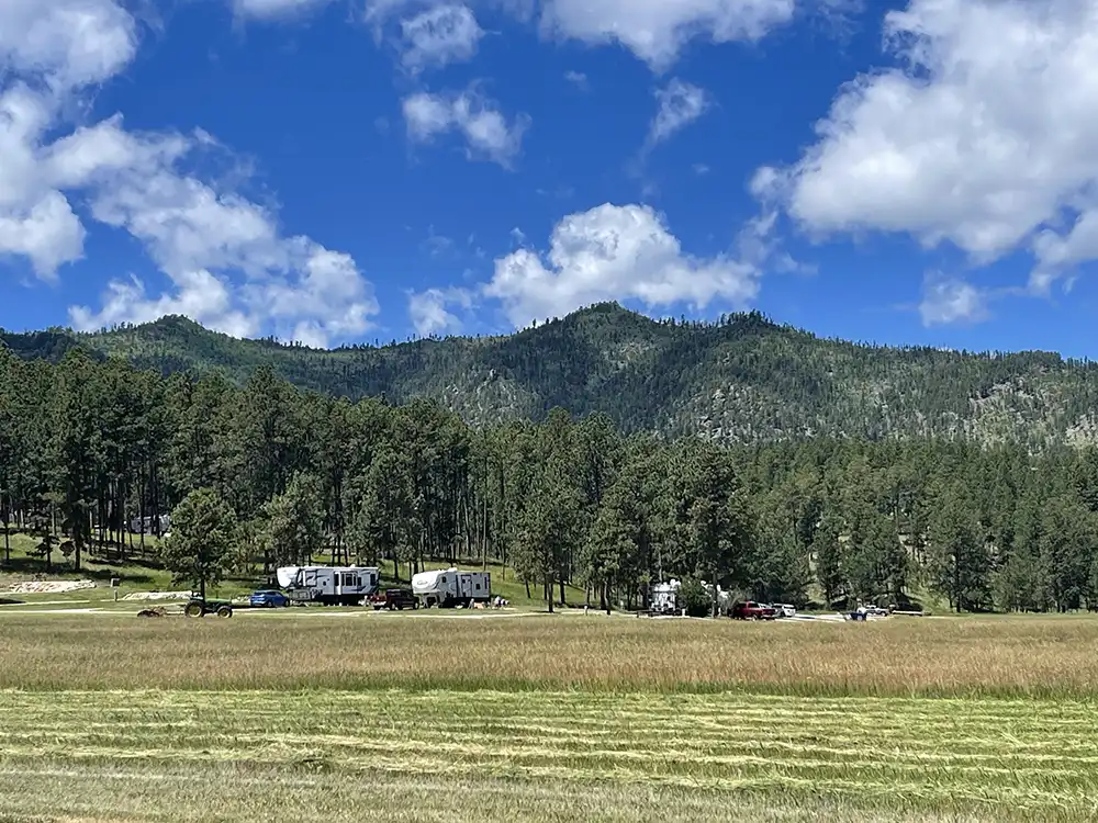 RVs parked among trees with a mountain backdrop under a blue sky with clouds.